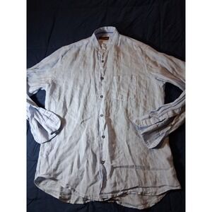 Patrick James Shirt Mens Medium Blue Band Collar 100% Linen‎ Long Sleeve Casual